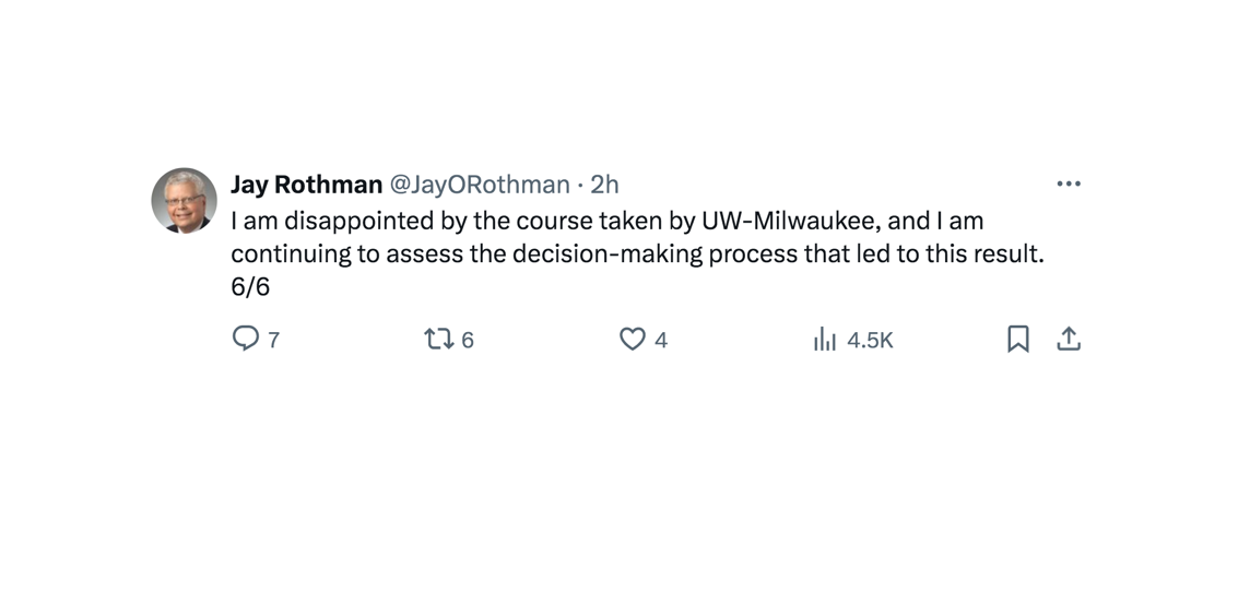 UW System President on X: Expresses disappointment with UWM administration course of action