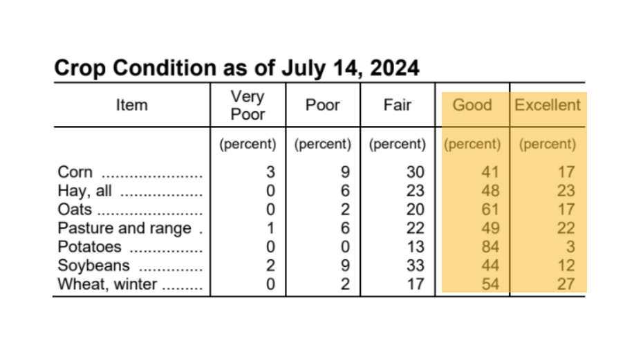 USDA – Wisconsin Crop Progress and Condition for July 15, 2024