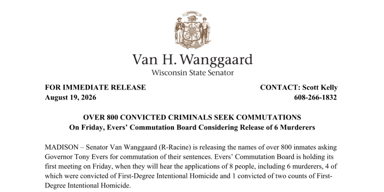 Wanggaard Releases List of Wisconsin Inmates Seeking Early Release