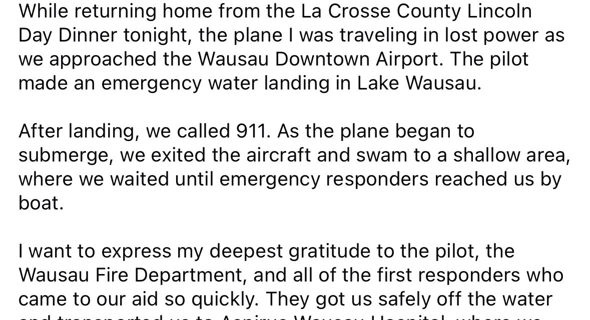 Wisconsin governor candidate Tom Tiffany survives emergency plane landing, swims to safety